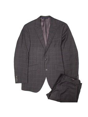 Coppley Suit Custom Wool Harry Rosen Grey Plaid Canada 2pc Peak Lapel 40R 33x29